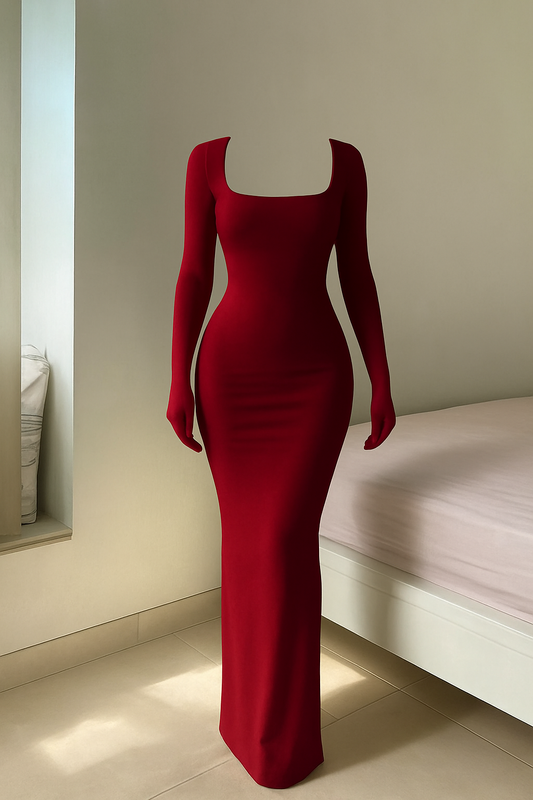 Robe longue moulante femme – Dress col carré à manches longues